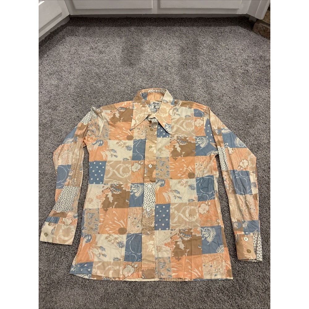 VINTAGE Monzini Knits Floral Shirt Mens Large Orange 70s Novelty Long Sleeve